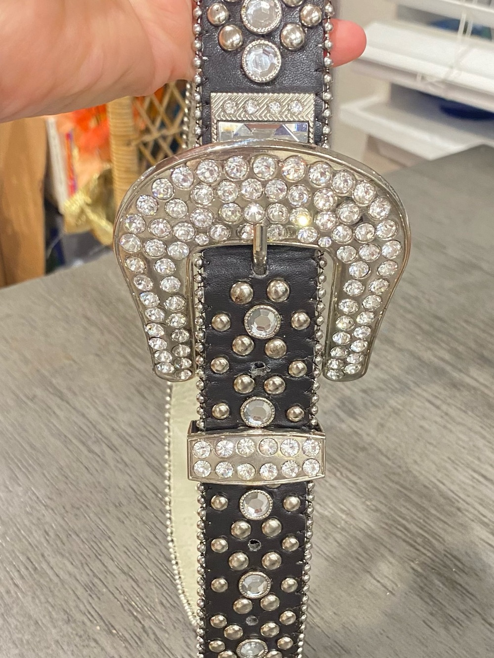 Crystal-Embellished Black Women's Western Buckle Belt